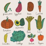 Tasty vegetables in vector set - green peas, eggplant, potato, c